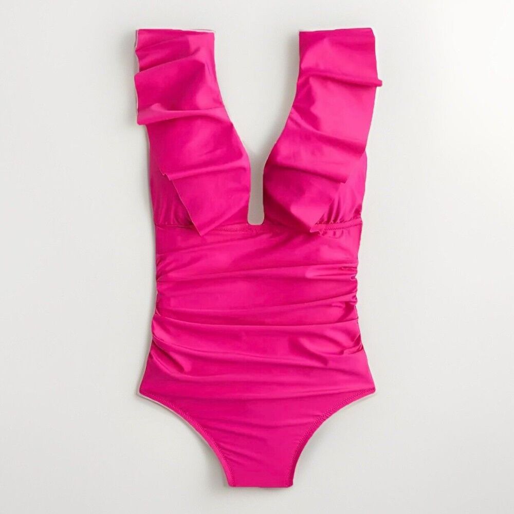 J Crew Ruched Ruffle One-Piece Swimsuit Fuchsia Pink Deep V-Neck Size 6 BP222